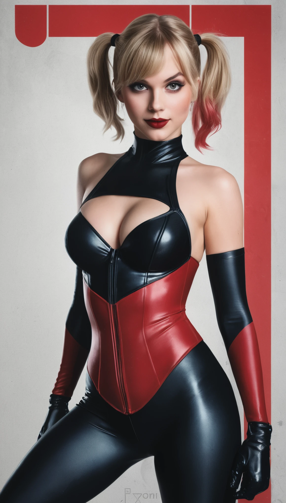 An illustrated movie poster of Taylorr Swift dressed as Harley Quinn, wearing a black and red morph suit, hourglass figure, big bubble-butt, f /2.8, cinematic, high quality, skin texture, looking at the camera hard shadows, graphite shading, stencil marks, airbrushed acrylic paint, masterpiece