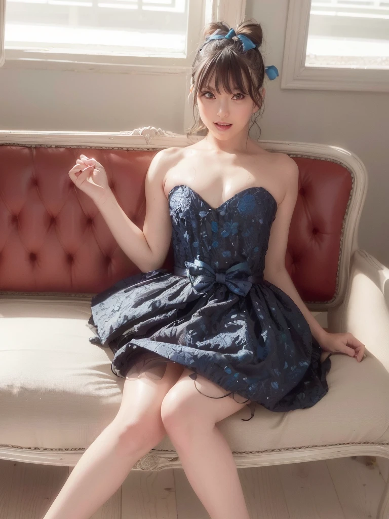 (dynamicposes:1.4), (dynamic ungle:1.4), Romper (Detailed background:1.4)、hyper detailed background、(Floating light blue clouds:1.4)、(Floating blue flowers:1.4)、 Romper (perfect anatomia、perfect hand:1.4)、(Perfect five fingers:1.4)、(Perfect 4 long fingers and perfect short thumb:1.4)、(Thumb shorter than the other 4 fingers:1.4)、(Perfect two arms:1.4)、(Perfect two legs:1.4)、((top-quality、8K、masterpiece:1.3))、1girl in、full body Esbian、Slim Faces、Pretty women、(dark brown hair)、hyperdetailed face、A detailed eye、double eyelid、blured background、Slim Faces、Cute、extremely delicate and beautiful girl、Overall、ultra-detailliert、4K、masutepiece、small mouth、Colossal tits、a short skirt,high waist skirt,high-necked,Sleeveless,bob cuts,long boots,ultra-detailliert, 4K, masutepiece,Smile,small mouth,White underwear、Skirts that show the body line、low angles、(pantyshot:1.1)、(skirt rift)、(skirt lift by yourself)、((sweat-wet skin))、(((Upper body naked)))、(((Shy face)))