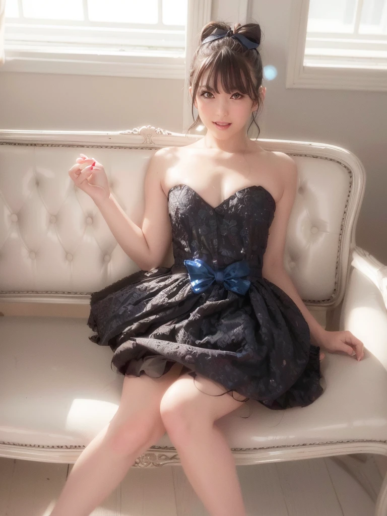 (dynamicposes:1.4), (dynamic ungle:1.4), Romper (Detailed background:1.4)、hyper detailed background、(Floating light blue clouds:1.4)、(Floating blue flowers:1.4)、 Romper (perfect anatomia、perfect hand:1.4)、(Perfect five fingers:1.4)、(Perfect 4 long fingers and perfect short thumb:1.4)、(Thumb shorter than the other 4 fingers:1.4)、(Perfect two arms:1.4)、(Perfect two legs:1.4)、((top-quality、8K、masterpiece:1.3))、1girl in、full body Esbian、Slim Faces、Pretty women、(dark brown hair)、hyperdetailed face、A detailed eye、double eyelid、blured background、Slim Faces、Cute、extremely delicate and beautiful girl、Overall、ultra-detailliert、4K、masutepiece、small mouth、Colossal tits、a short skirt,high waist skirt,high-necked,Sleeveless,bob cuts,long boots,ultra-detailliert, 4K, masutepiece,Smile,small mouth,White underwear、Skirts that show the body line、low angles、(pantyshot:1.1)、(skirt rift)、(skirt lift by yourself)、((sweat-wet skin))、(((Upper body naked)))、(((Shy face)))