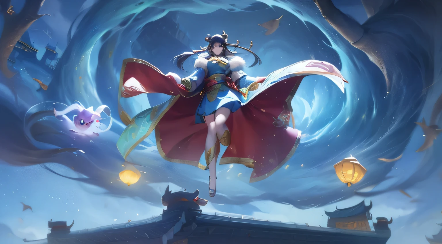 Anime girl flies over a castle with huge flames and dragons, The witch who casts the ice ball, Beautiful celestial mage, Queen of the Sea Mu Yanling, sky witch, li zixin, Cotton Cloud Mage Robe, Maya Ali as Wind Mage, xianxia hero, g liulian art style, author:Yang Jie