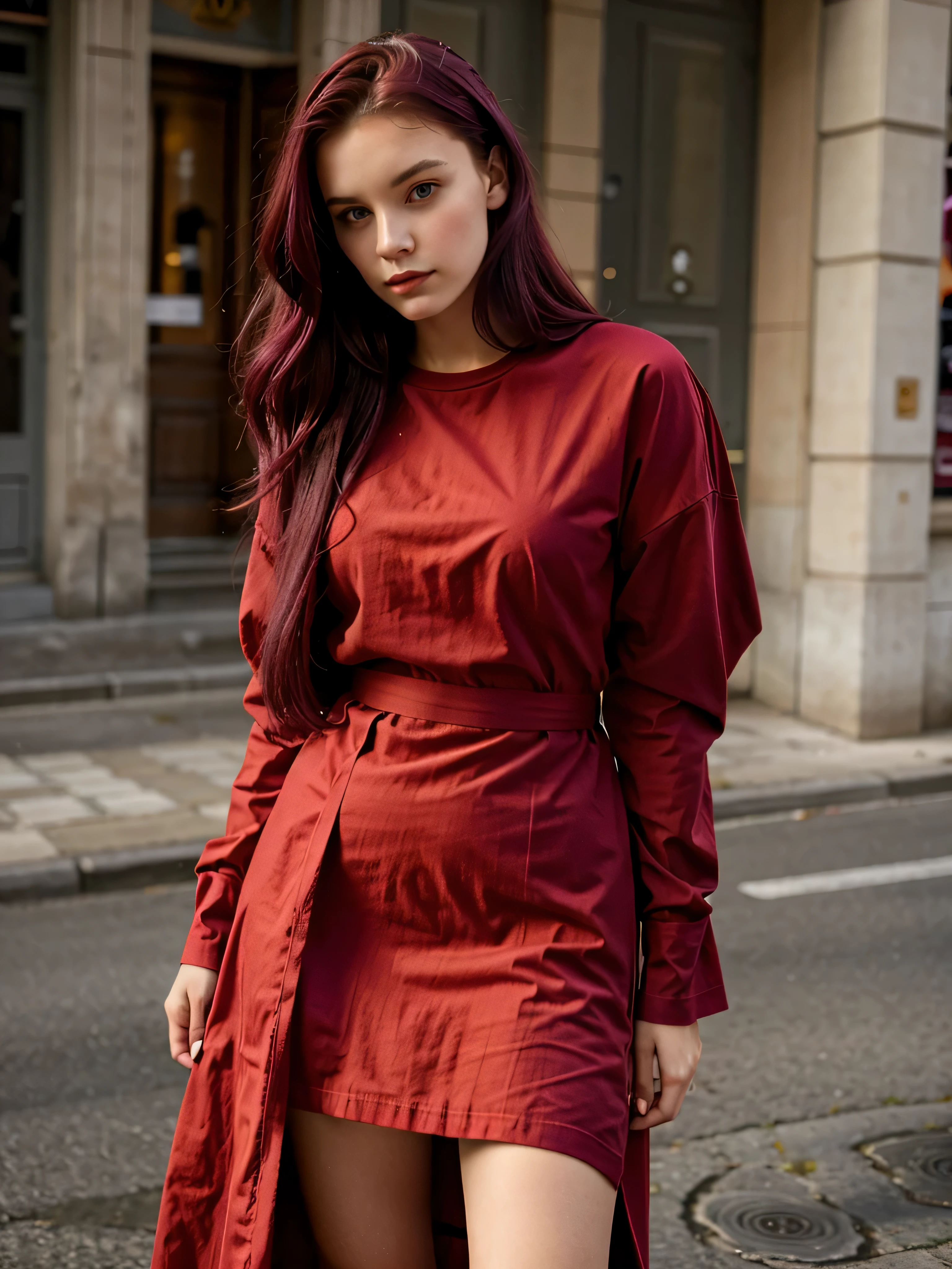 jeune fille de 20 ans au cheveux tres long violet avec une veste ROUGE, habiller en ROUGE, vetue de ROUGE, OUTFIT RED, une tenue rouge, tshirt rouge RED rouge, habiller rouge mode, robe rouge, tenue vestimentaire rouge