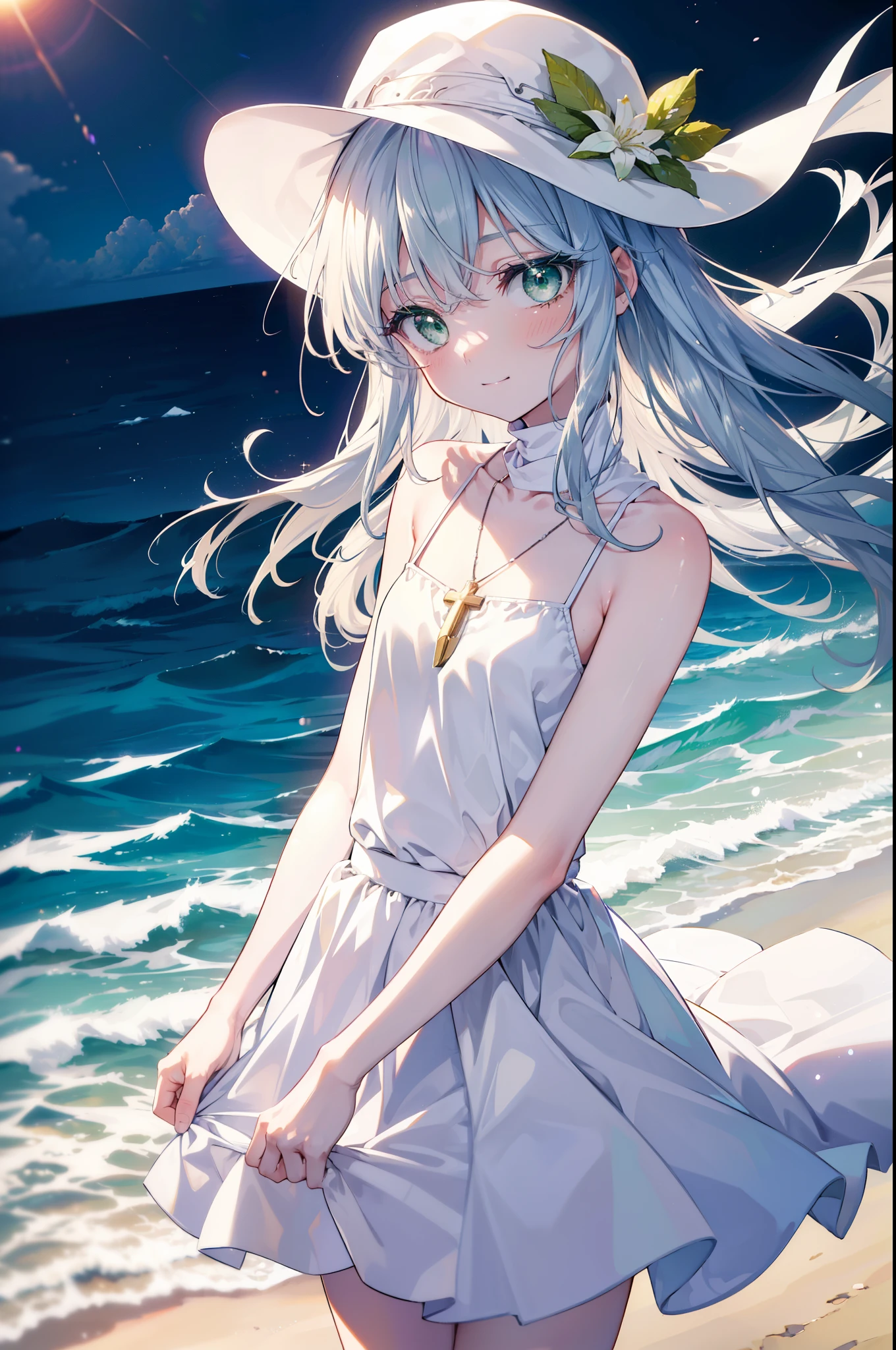 index, index, (green eyes:1.5), silver hair, long hair, (flat chest:1.2),cross pendant necklace,white hat,白色ロングskirt一体型ワンピース,barefoot,skirt,naked neck,bare clavicle,bare shoulders,bare arms,happy smile, smile, open your mouth,beachのsandy beachを散歩しながら、Silver hair fluttering in the breeze, sunset,evening,The sun is setting on the horizon,
break looking at viewer, Upper body, whole body,(cowboy shot:1. 5)
break outdoors, beach,sandy beach,
break (masterpiece:1.2), highest quality, High resolution, unity 8k wallpaper, (figure:0.8), (detailed and beautiful eyes:1.6), highly detailed face, perfect lighting, Very detailed CG, (perfect hands, perfect anatomy),