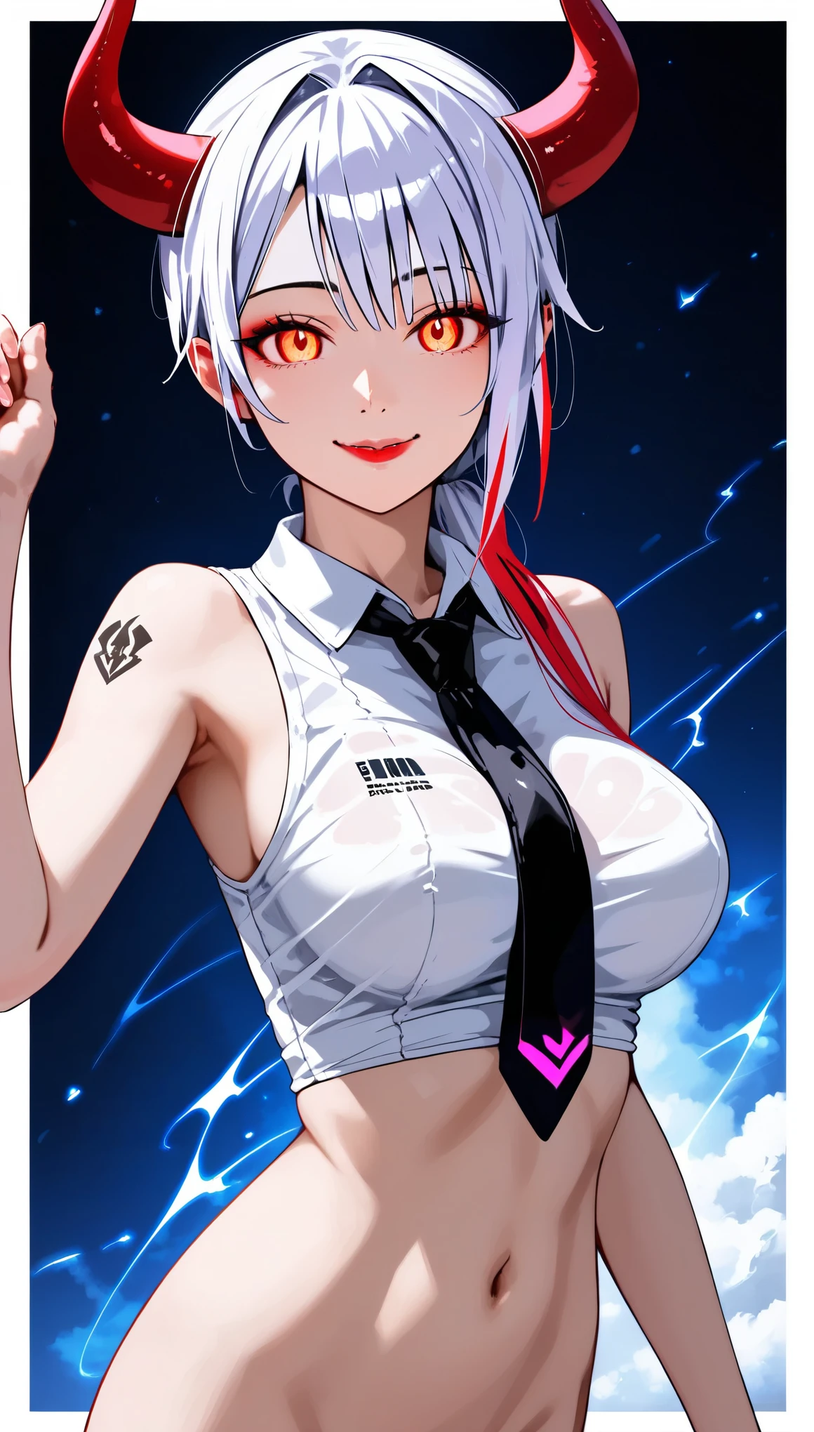 (kind_smile),(red lips:1.1),epic-Ultra-HD-details, epic-Ultra-HD-highlights, anime-upscaled-resolution,(realistic, photo-realistic:1.37), precise and realistic hair:1.1), beautiful detailed eyes, extremely detailed eyes and face, awardwinning, amazing details, super detail, best quality, 1080P, 8k, masterpiece（fullbody shot：3.0）, 1girl, asymmetrical bangs, no underwear, (Mini tight sleeveless super short T-shirt,), glowing white hair,asymmetric bangs,(white short bobcut),(back side long single ponytails),(long single ponytail wafts to the chest),necktie between breasts, midlle breasts, Glowing, eyes, (bone devil horns:1.5), eye shadow, Eyeliner, devil tail, Black Halo, tattoo on breasts, hair strand, (((detail bones)))