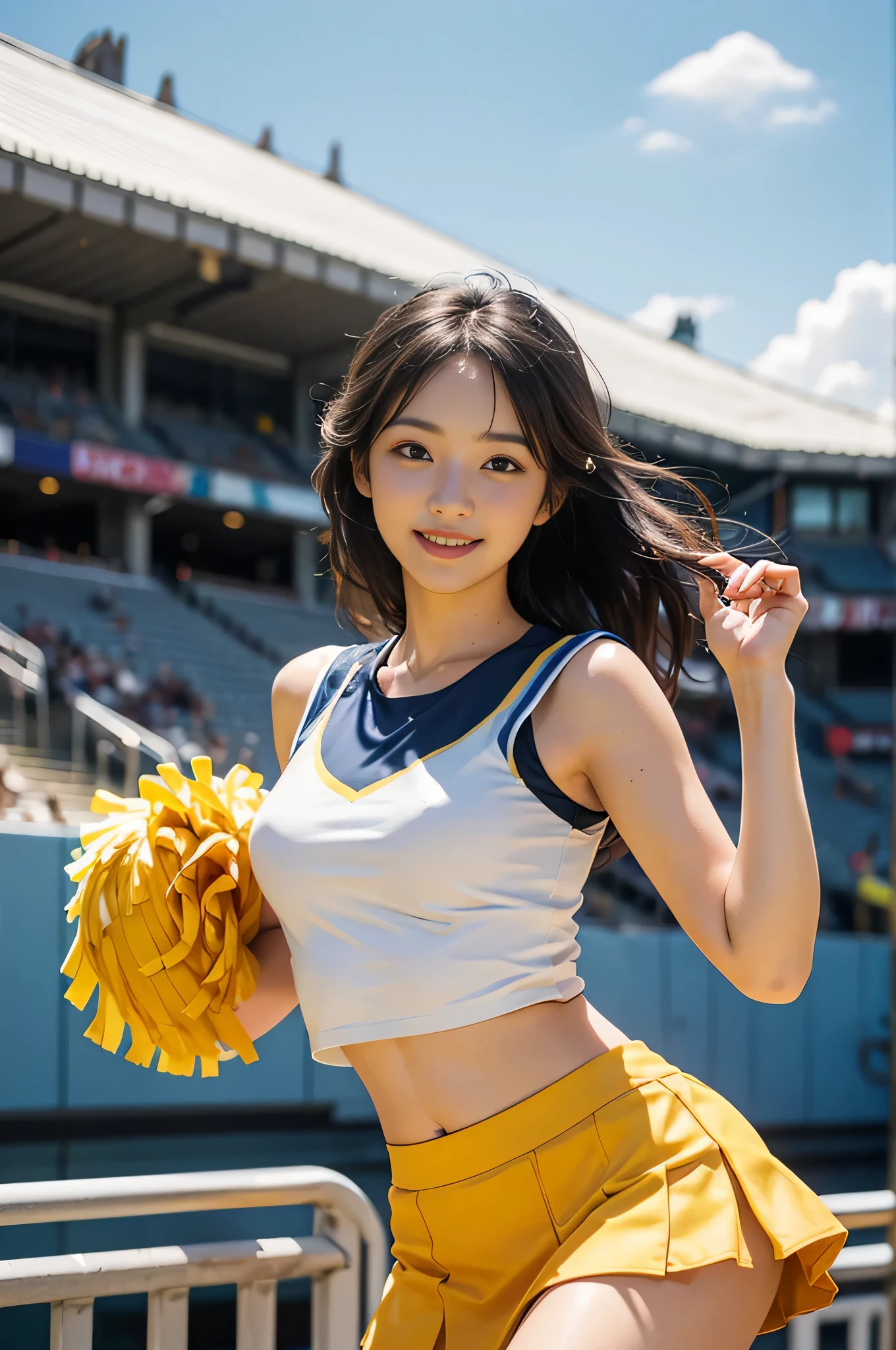 best image quality、超A high resolution、table top、photo quality(photo-realistic:1.8)、pores、Accuracy、japanese women、20-year-old、black haired、cute dimpleedium long hair、slender girl、small breasts、 AA Cup Breast、stand out、american football stadium、Midsummer Sun、Blue sky、Reflected light from the reflector、Cheerleader、pompon、two piece、Tank top、mini skirt、(white、red、yellow)、smiling face、naughty angel、