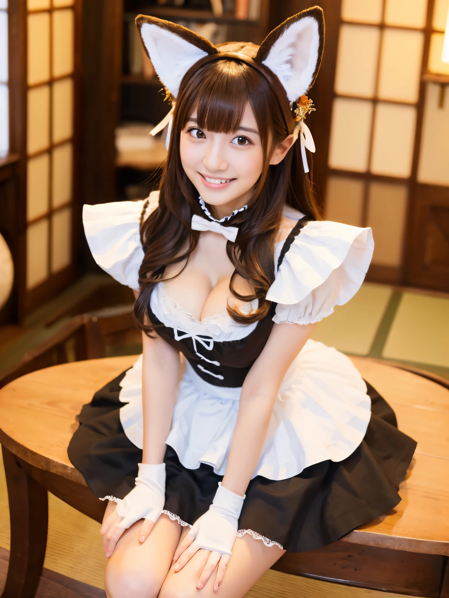 highest quality,best image,Japanese,big breasts,long brown hair,beautiful girl,smile,Maid outfit with fox ears,mini skirt,
