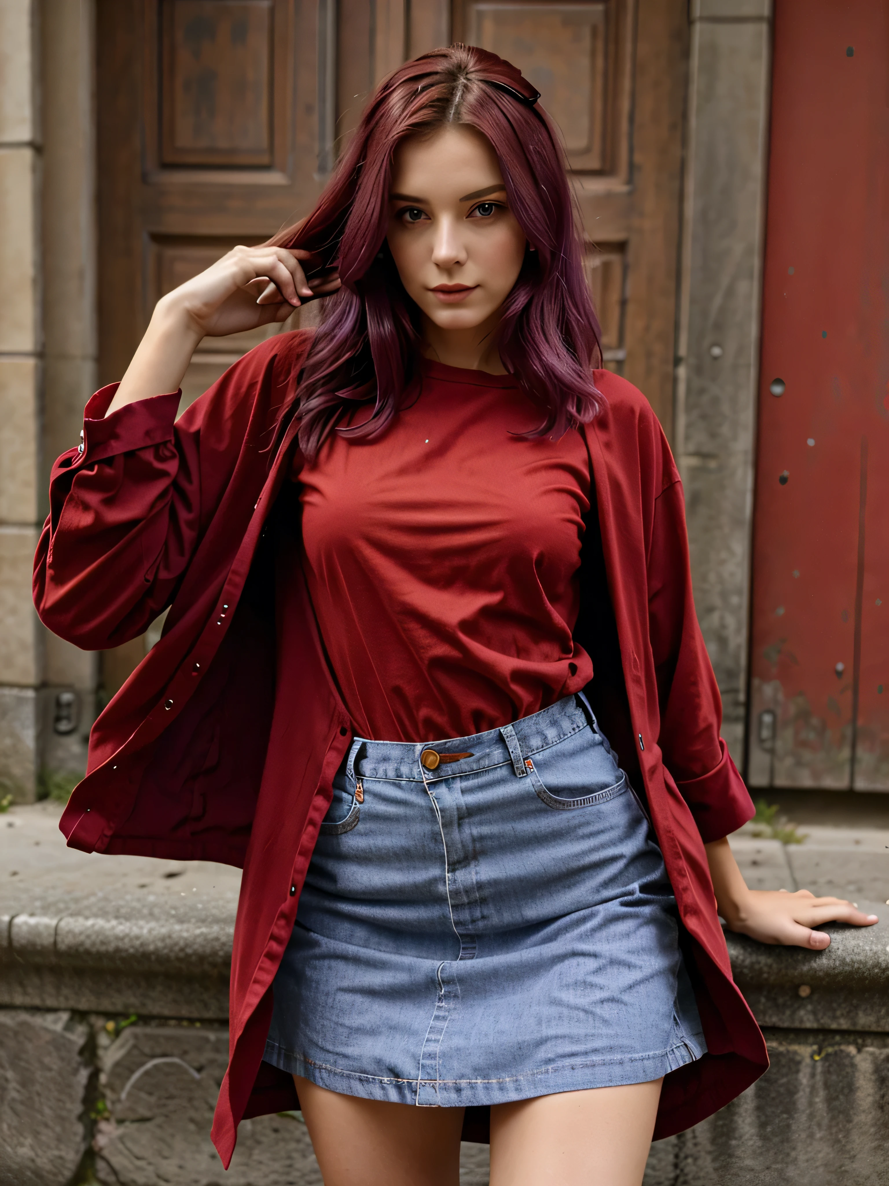 eune fille de 20 ans au cheveux tres long violet avec une veste ROUGE, habiller en ROUGE, vetue de ROUGE, OUTFIT RED, une tenue rouge, tshirt rouge RED rouge, habiller rouge mode, robe rouge, tenue vestimentaire rouge