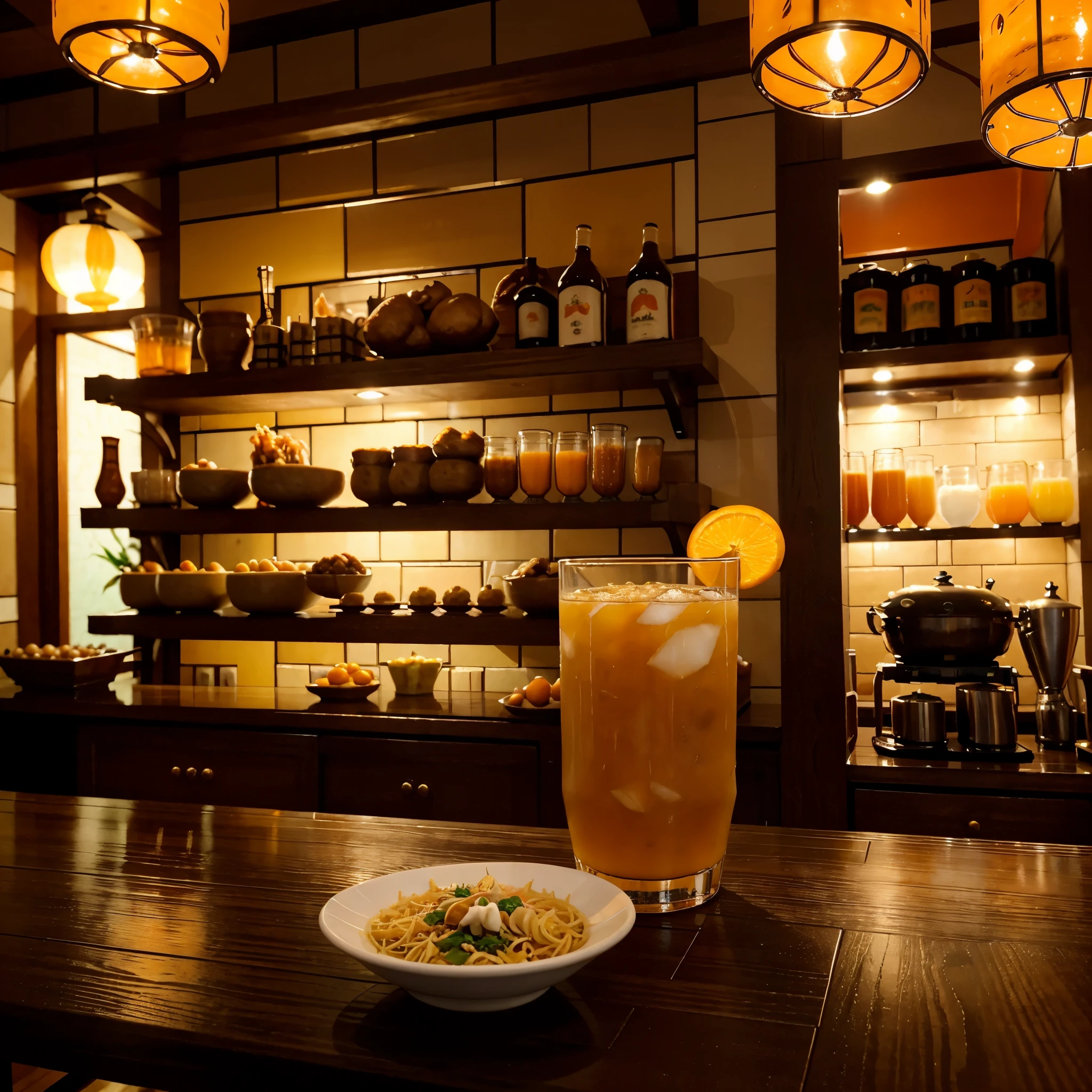 (masterpiece:1.4),(best quality:1.4),fantasy,一杯装满冰块的orange juice,A bowl of noodles,面上洒满soybeans,Delicious,Looks delicious,Stone Brick,Epic feeling,Camera perspective,Tavern,dining table,cocktail glass+orange juice,冰镇orange juice,一碗洒满soybeans酱的拉面,soybeans,Large meat beans,Tavern,Restaurant,look up。Bar counter