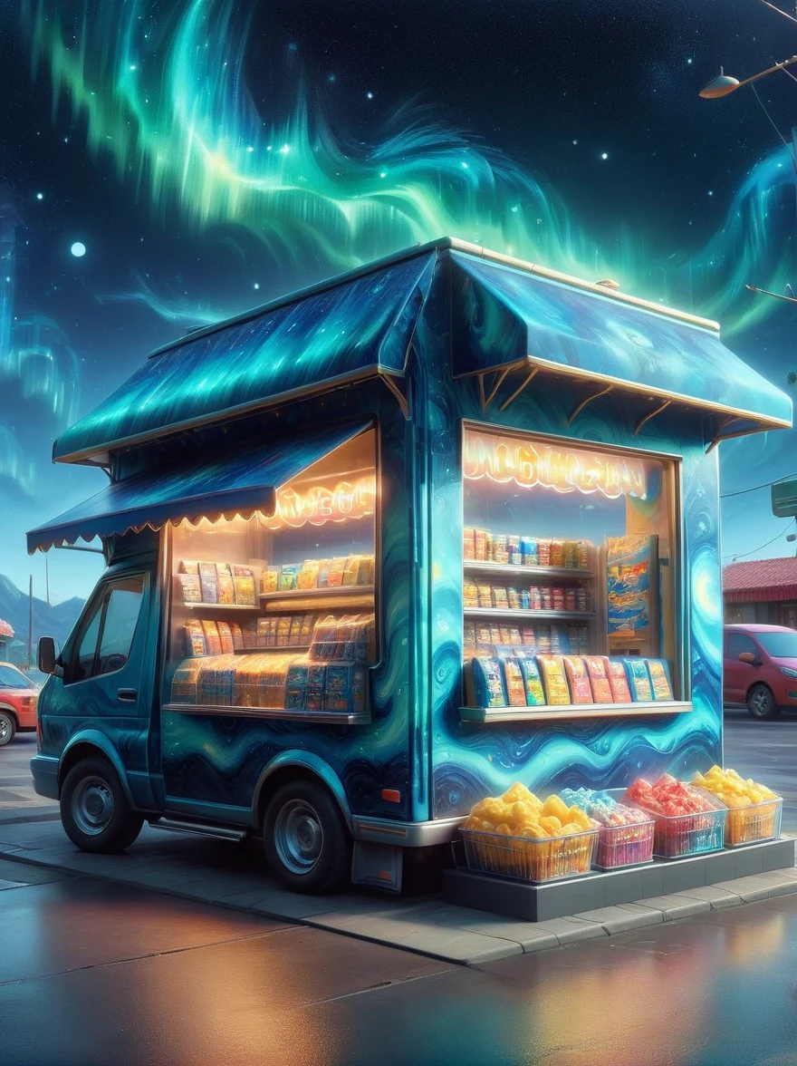 (masterpiece), best quality，(shiny)，(A Van Gogh-style midnight convenience store:1.5), A cute and cheerful midnight convenience store， Dream convenience store, Cute cartoon design style, night，Sky，full moon，(Cute shop assistant is sorting goods:1.6)，(1 female clerk)，Vibrant colors，bright，1.4x more realism，ultra high definition，All shown in this beautiful scene，The content is very detailed，Reasonable design，clear lines，high definition，masterpiece，official art，Movie lighting effects，8K