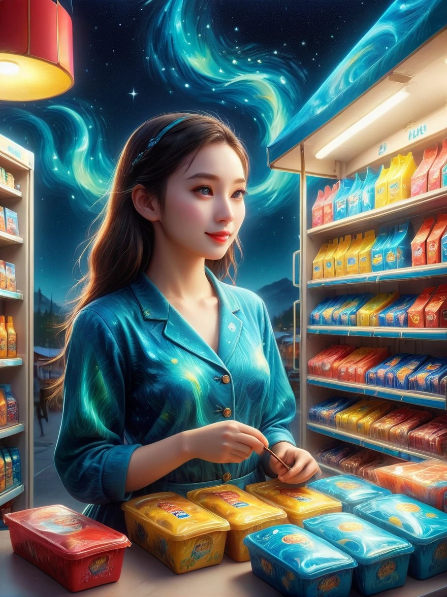 (masterpiece), best quality,(shiny),(A Van Gogh-style midnight convenience store:1.5), A cute and cheerful midnight convenience store, Dream convenience store, Cute cartoon design style, night,Sky,full moon,(Cute shop assistant is sorting goods:1.6),(1 female clerk),Vibrant colors,bright,1.4x more realism,ultra high definition,All shown in this beautiful scene,The content is very detailed,Reasonable design,clear lines,high definition,masterpiece,official art,Movie lighting effects,8K