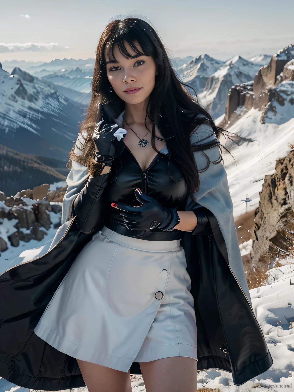 photorealistic, a high resolution, Beautiful tall woman, One, view viewer, (detailed face),black hair color, long white hair, White Cape Costume, snow background, A girl aims an assault rifle