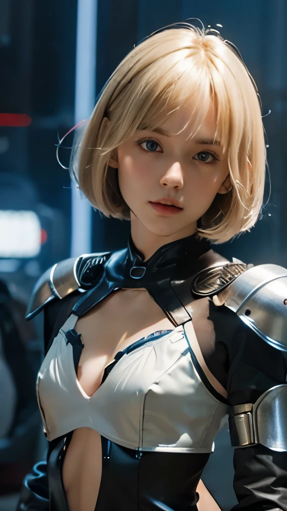 A short straight blonde haired british girl, bang, bob cut, blue eyes, , young, pale skin, slender body, small breast, tiny chest, Ultra high res, uhd, (photorealistic:1.4), doll-like face, futuristic armor, plasma sword