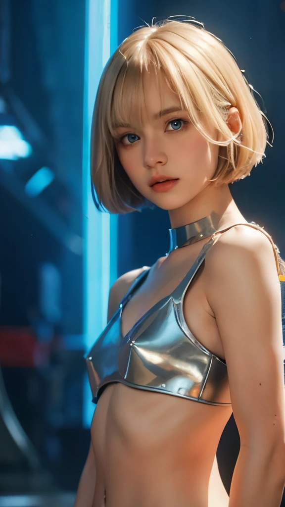 A short straight blonde haired british girl, bang, bob cut, blue eyes, , young, pale skin, slender body, small breast, tiny chest, Ultra high res, uhd, (photorealistic:1.4), doll-like face, futuristic armor, plasma sword