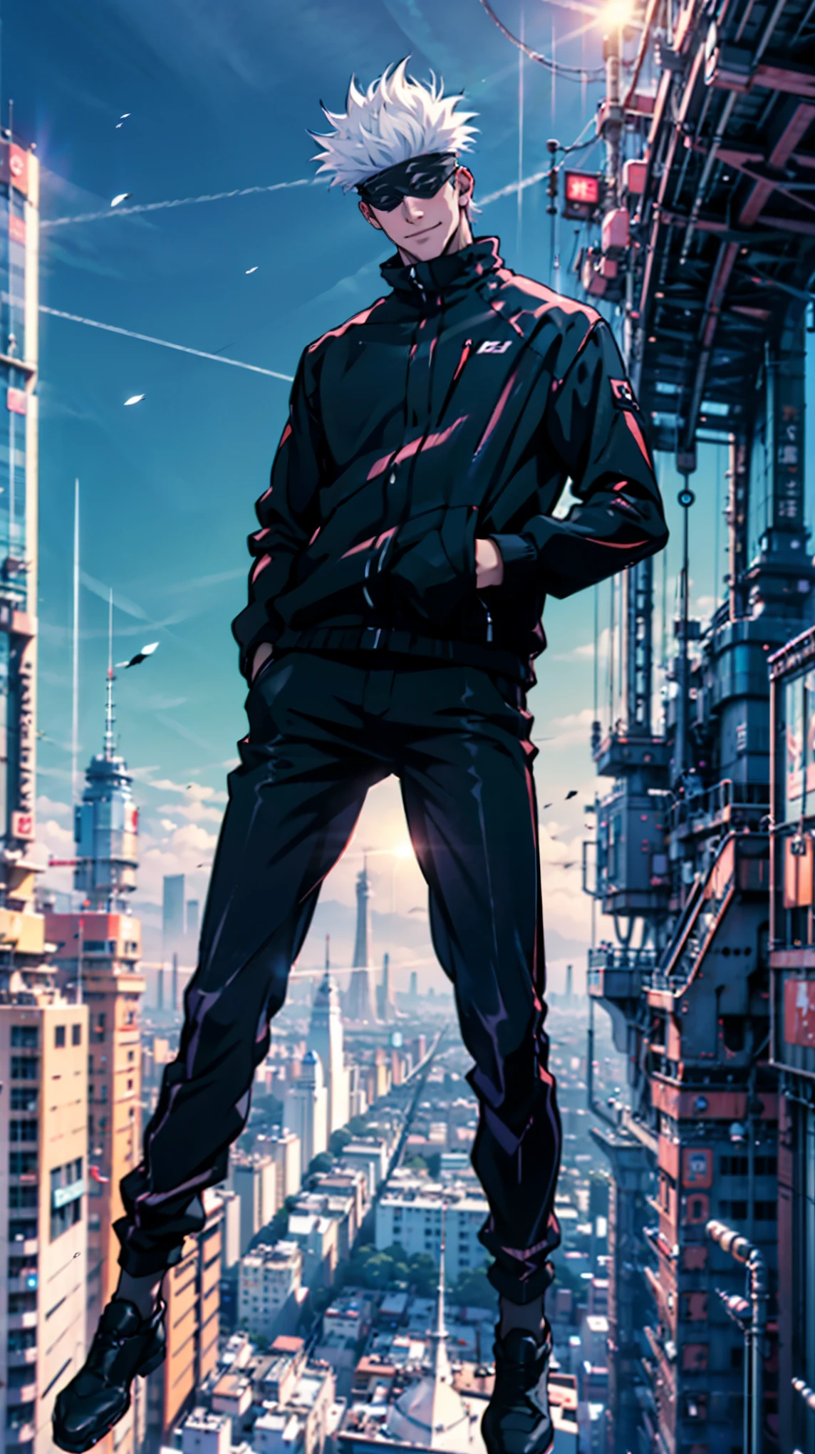 1boy, full body shot, perfect hand and fingers, satoru gojo, blindfold, black outfit, white hair, look at sky, smirk, red and blue moon city night background, wallpaper, cinematic,High resolution 8K, Bright light illumination, lens flare, sharpness, masterpiece, top-quality, The ultra -The high-definition, high resolution, extremely details CG, Anime style, Film Portrait Photography,masterpiece,hyperdetail