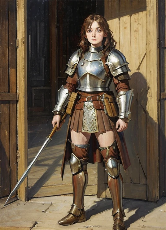 (beautiful teenage girl), short wavy brown hair, Rough, pale skin, freckles. goddess, Padded Armor, Cloth armor, Baggy shirt, Baggy jacket, Gambeson, Quilted Armor,armor with short skirt, blush, highest quality, oil painting style, hand painting style, classical painting style,(on the field), masterpiece, medieval infantry, hand drawn illustration, full body shot, crusader 