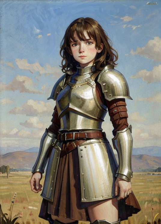 (beautiful teenage girl), short wavy brown hair, Rough, pale skin, freckles. goddess, Padded Armor, Cloth armor, Baggy shirt, Baggy jacket, Gambeson, Quilted Armor,armor with short skirt, blush, highest quality, oil painting style, hand painting style, classical painting style,(on the field), masterpiece, medieval infantry, hand drawn illustration, full body shot, crusader 