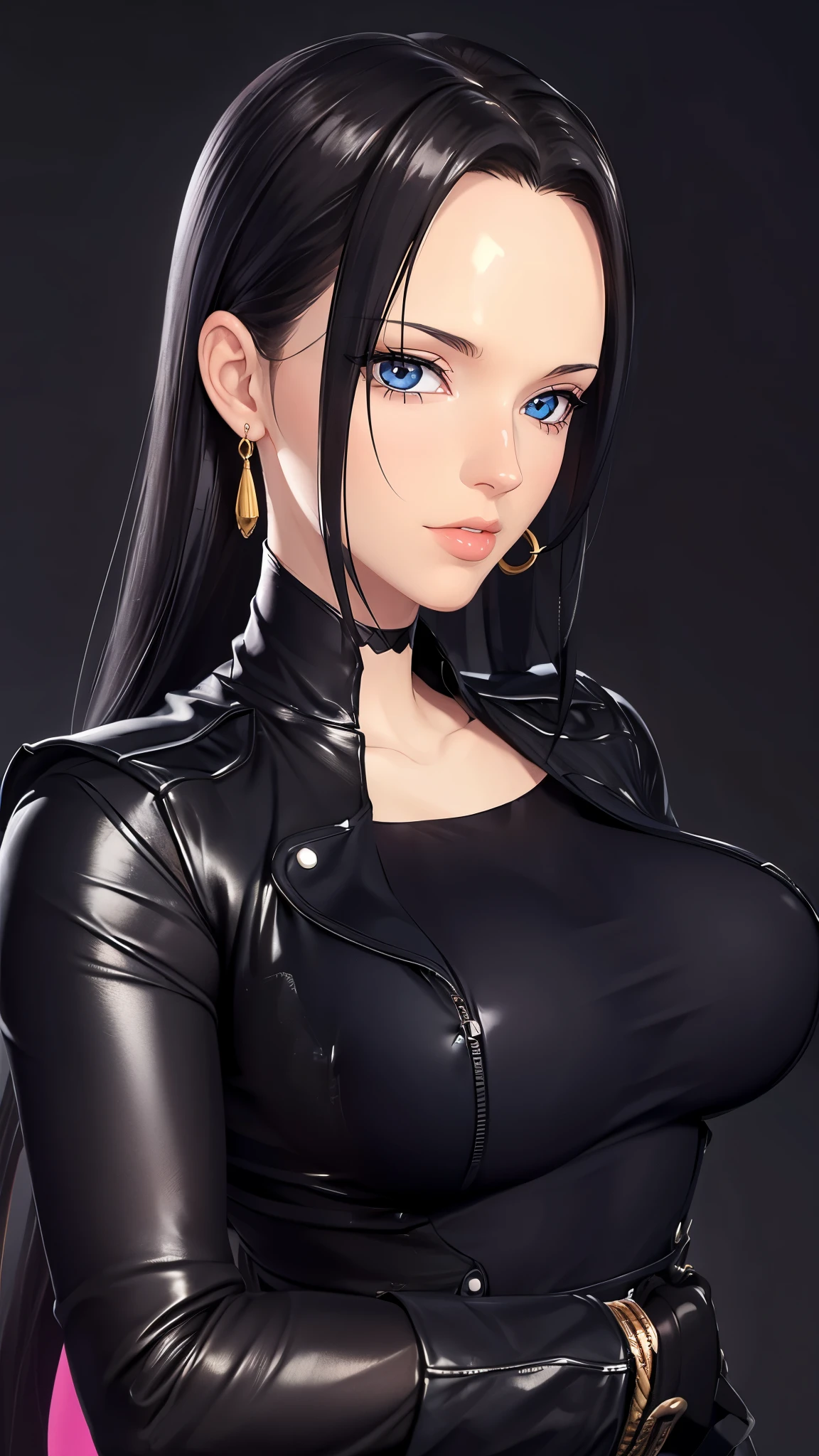 （（（完美figure，figure，Black tight fitting leather clothing, black leather clothing, leather clothing, reflective clothing， （（（boa hancock，Dark long hair, combed with a chiffon hairstyle, slightly wide forehead smooth and flat, deep blue eyes, slender and delicate corners of the eyes, almond eyes exuding a hint of coldness, nose bridge high and straight, nose small and delicate, lips soft without any wrinkles. Wearing a pair of snake shaped golden earrings under the ears）））((masterpiece)),high resolution, ((Best quality at best))，masterpiece，quality，Best quality，（（（ Exquisite facial features，looking at the audience,There is light in the eyes，(sticking out tongue, opening mouth)，））），型figure:1.7））），（（（Interlacing of light and shadow，huge boobs））），（（（looking into camera，black background，)）））