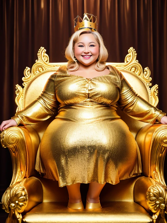 full body shot, masterpiece, highest quality, (realistic:1.4), Blonde mature woman photos,Late 50s、heavy makeup、Wrinkled face、 Wearing a golden dress, Gold Alien Skin Crown, Futuristic throne、(chubby:1.5)、smile