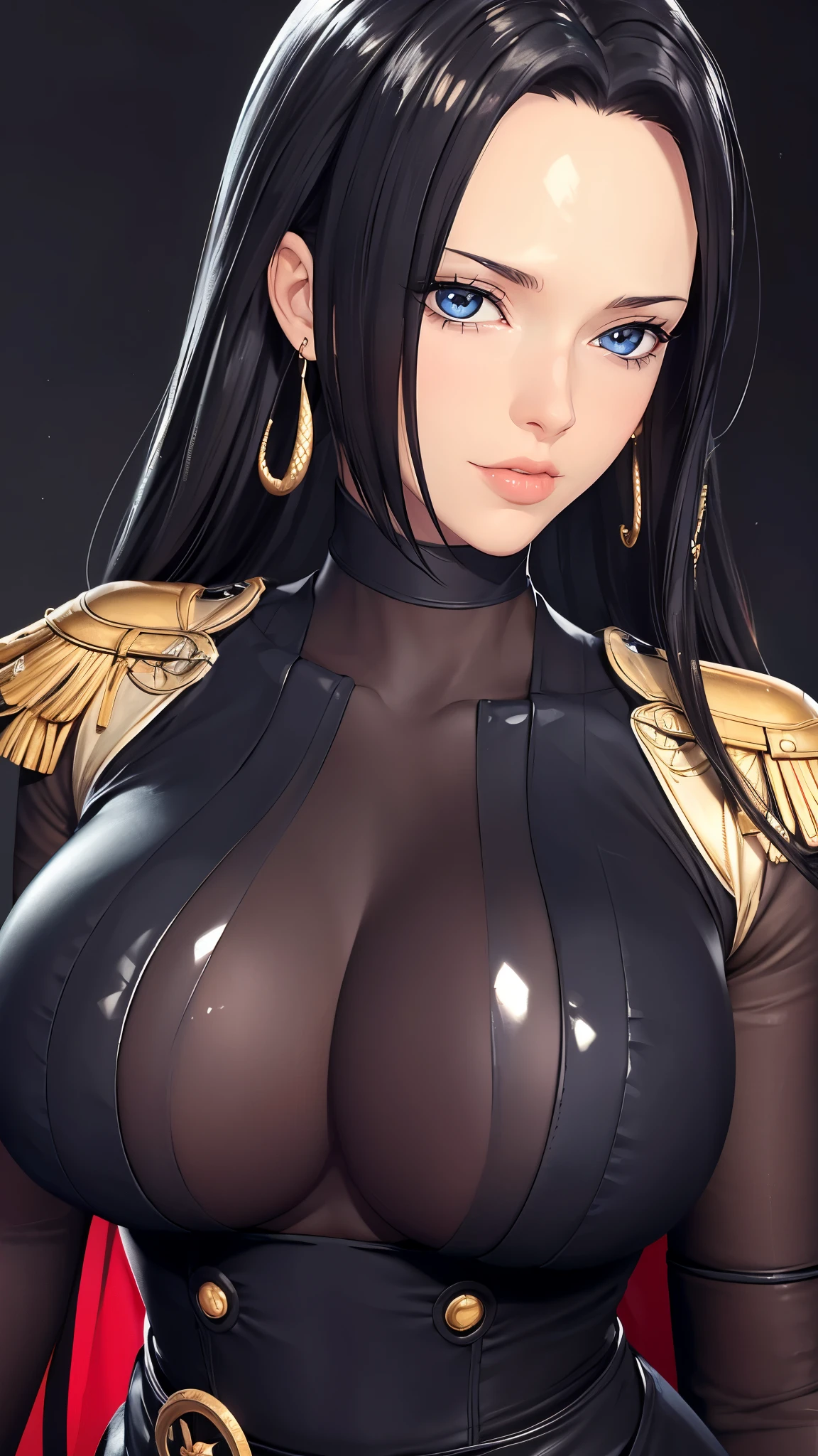 （（（完美figure，figure，Black tight fitting leather clothing, black leather clothing, leather clothing, reflective clothing， （（（boa hancock，Dark long hair, combed with a chiffon hairstyle, slightly wide forehead smooth and flat, deep blue eyes, slender and delicate corners of the eyes, almond eyes exuding a hint of coldness, nose bridge high and straight, nose small and delicate, lips soft without any wrinkles. Wearing a pair of snake shaped golden earrings under the ears）））((masterpiece)),high resolution, ((Best quality at best))，masterpiece，quality，Best quality，（（（ Exquisite facial features，looking at the audience,There is light in the eyes，(sticking out tongue, opening mouth)，））），型figure:1.7））），（（（Interlacing of light and shadow，huge boobs））），（（（looking into camera，black background，)）））