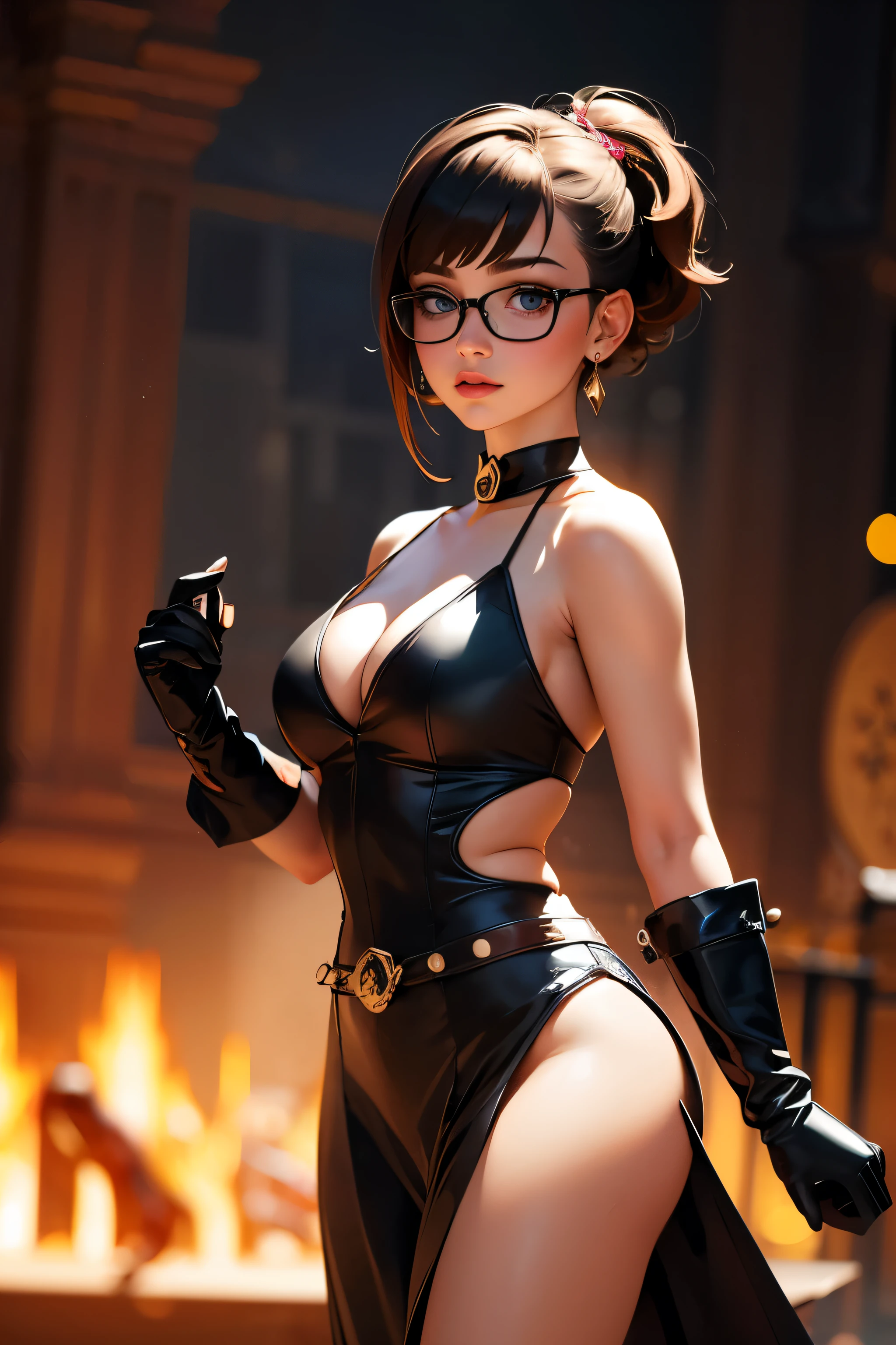 Wide angle shot, beautiful female street fighter, wearing large glasses, black undercut hair, wearing large iron gloves