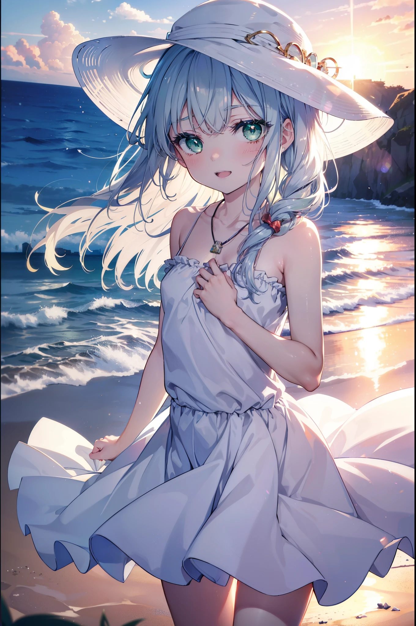 index, index, (green eyes:1.5), silver hair, long hair, (flat chest:1.2),cross pendant necklace,white hat,白色ロングskirt一体型ワンピース,barefoot,skirt,naked neck,bare clavicle,bare shoulders,bare arms,happy smile, smile, open your mouth,beachのsandy beachを散歩しながら、Silver hair fluttering in the breeze, sunset,evening,The sun is setting on the horizon,
break looking at viewer, Upper body, whole body,(cowboy shot:1. 5)
break outdoors, beach,sandy beach,
break (masterpiece:1.2), highest quality, High resolution, unity 8k wallpaper, (figure:0.8), (detailed and beautiful eyes:1.6), highly detailed face, perfect lighting, Very detailed CG, (perfect hands, perfect anatomy),