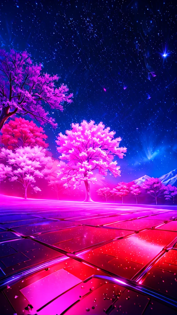 Describe the scene with the giant glowing cherry tree., starry sky,Colorful nebulae and your favorite constellations,There are no people,background only,milky way