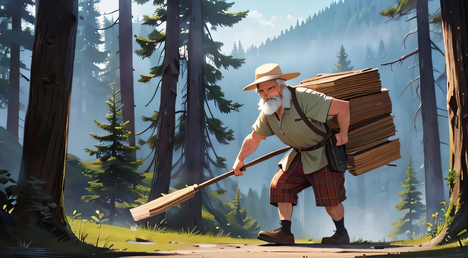 An old man came out of the forest，He is a lumberjack.，Carrying a large bundle of wood on his shoulders，He is very old，Hunched back，Very skinny