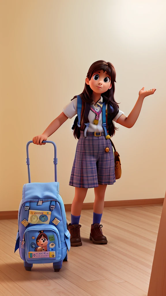 Poster no estilo Disney pixar, alta calidad, mejor calidad, 8 year old student girl with her and backpack inside a library