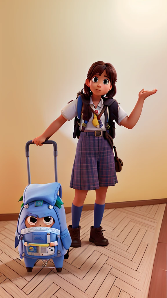 Poster no estilo Disney pixar, alta calidad, mejor calidad, 8 year old student girl with her and backpack inside a library