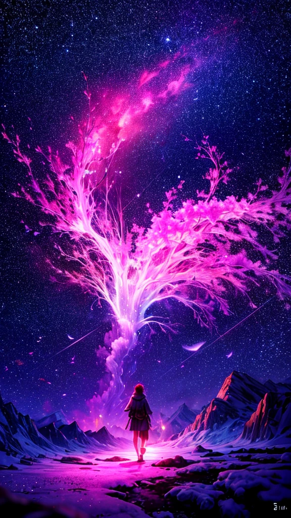 Describe the scene with the giant glowing cherry tree., starry sky,Colorful nebulae and your favorite constellations,There are no people,background only,milky way