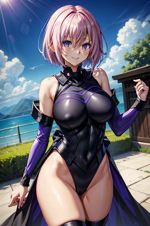 mash_Kyrielight(destiny_grand order), 1 girl, masterpiece、highest quality、black leotard、purple eyes、Pure、{{Fluffy}}、smile、{half naked}、share、、blue sky、