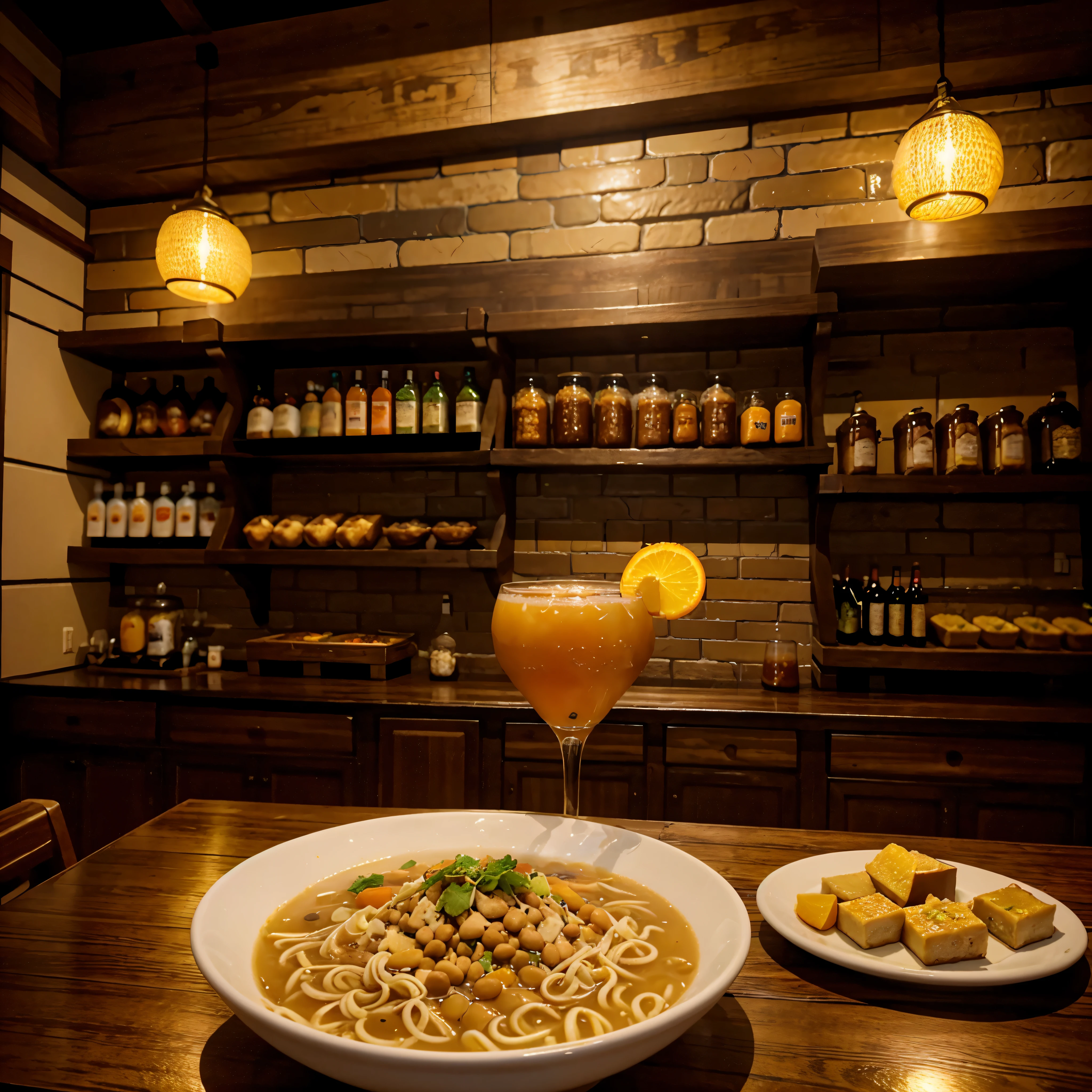 （masterpiece：1.4），（best quality：1.4），fantasy，Only food，Food Close-up，middle Ages，A large bowl of noodles，Next to it is a glass of orange juice filled with ice cubes，A bowl of noodles，Sprinkle soybeans on the surface，Delicious，Looks delicious，Stone Brick，Epic feeling，Camera perspective，Tavern，dining table，cocktail glass+orange juice，Iced orange juice，A bowl of ramen topped with soybean sauce，soybeans，Large meat beans，Tavern，Restaurant，look up。Bar counter