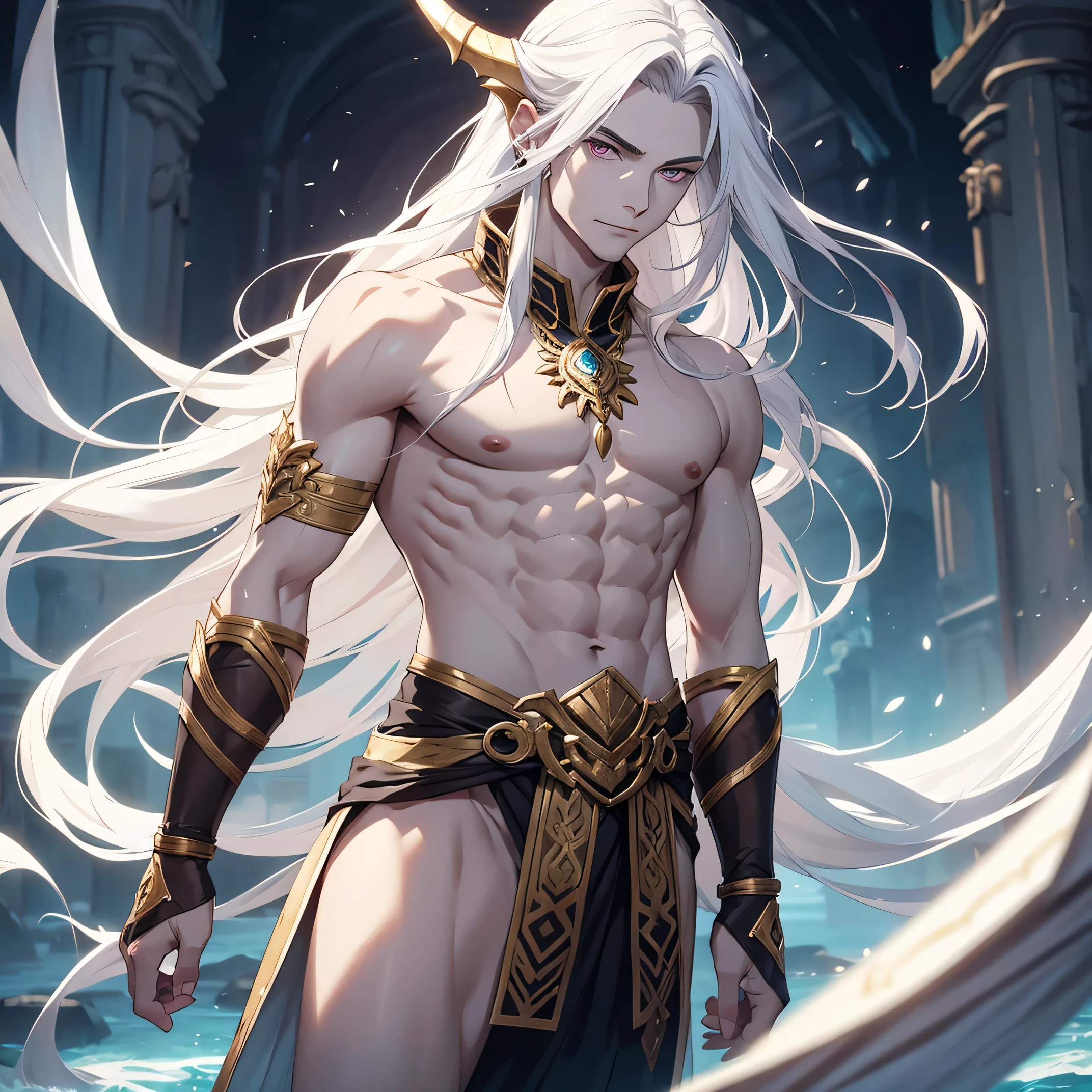 Dragon-human form, pale skin, boy, muscular, ancient clothing, slight smirk, solo boy, adorned in jwellery, long flowing hair.