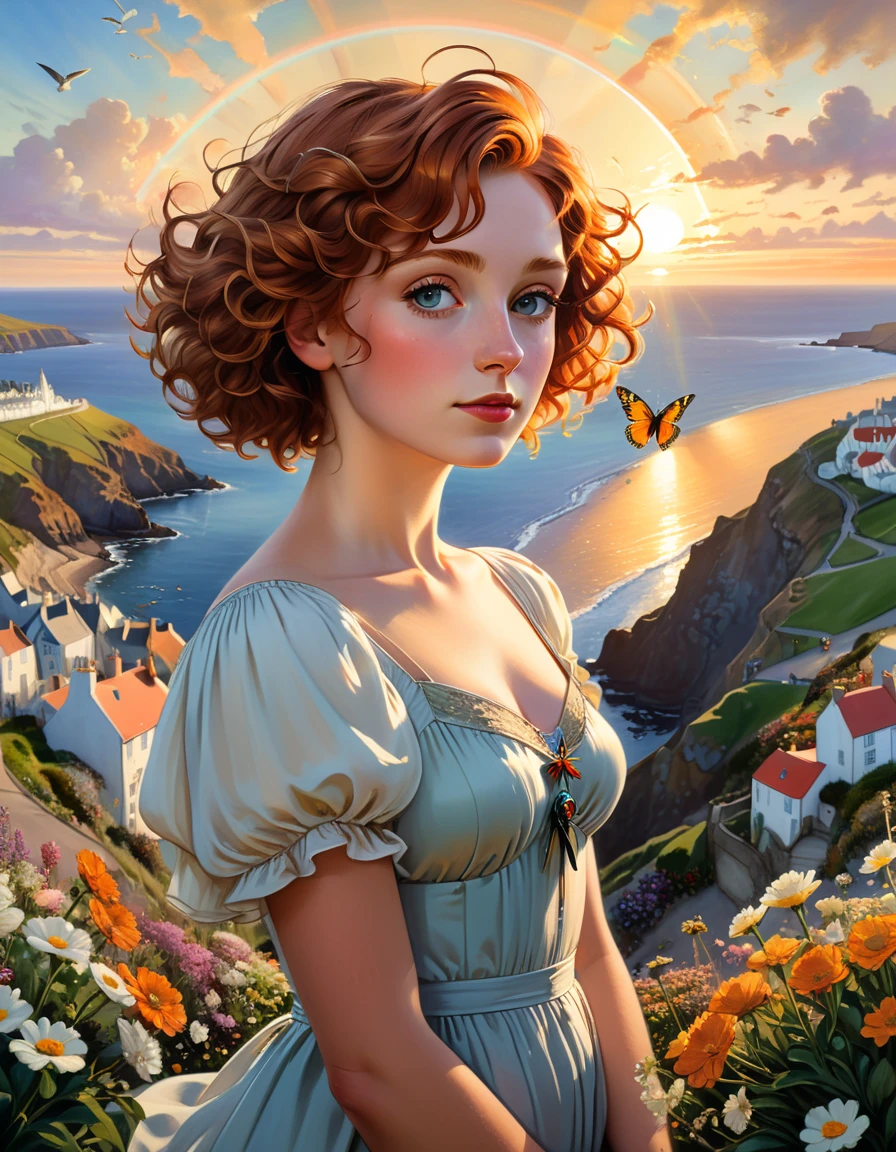 a photorealistic oil on canvas painting of a beautiful British Woman with short curly ginger hair, sightseeing a beautiful Cornwall City below from the top of a hill, ultrasharp and crisp image, with a seagull flying in the sky, some flowers in the foreground, a butterfly near the flowers, during sunset with warm colors, and a rainbow in the sky Alphonse Mucha Greg Rutkowski Studio Ghibli