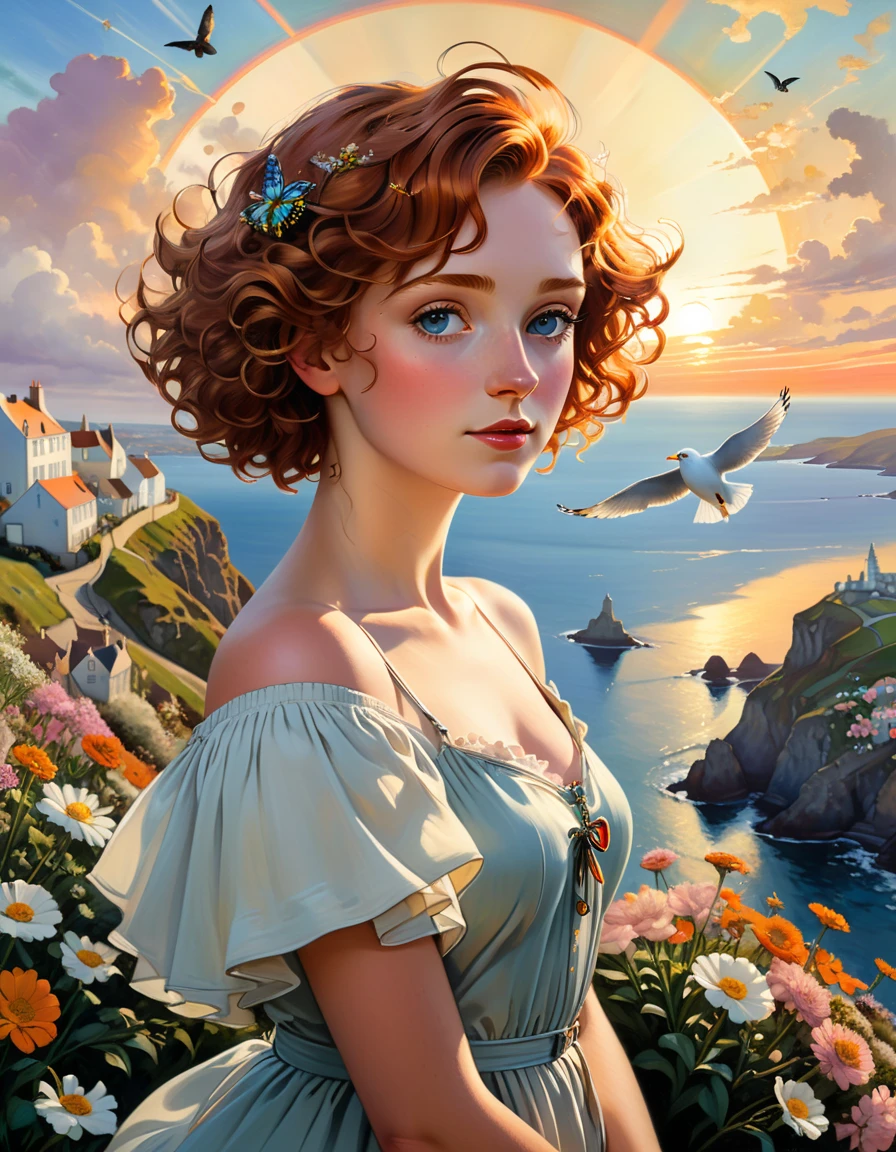 a photorealistic oil on canvas painting of a beautiful British Woman with short curly ginger hair, sightseeing a beautiful Cornwall City below from the top of a hill, ultrasharp and crisp image, with a seagull flying in the sky, some flowers in the foreground, a butterfly near the flowers, during sunset with warm colors, and a rainbow in the sky Alphonse Mucha Greg Rutkowski Studio Ghibli