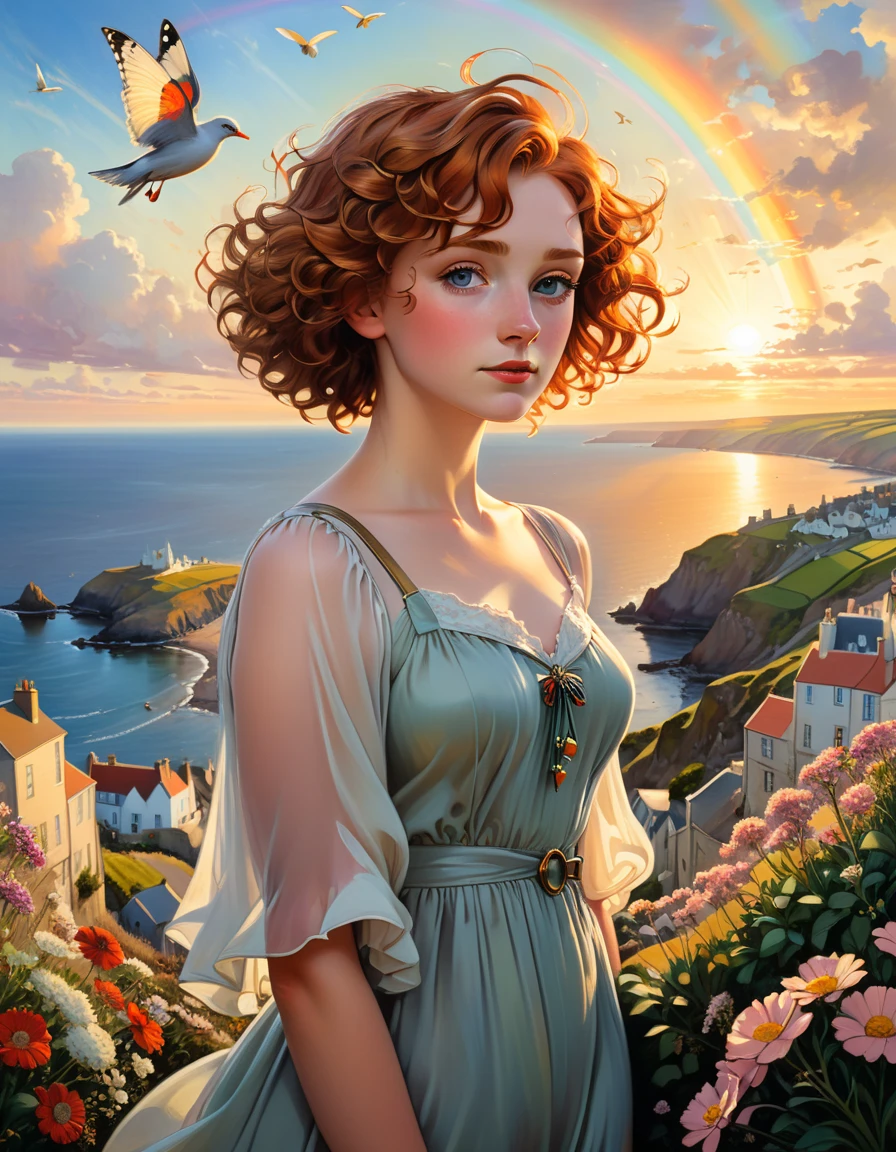 a photorealistic oil on canvas painting of a beautiful British Woman with short curly ginger hair, sightseeing a beautiful Cornwall City below from the top of a hill, ultrasharp and crisp image, with a seagull flying in the sky, some flowers in the foreground, a butterfly near the flowers, during sunset with warm colors, and a rainbow in the sky Alphonse Mucha Greg Rutkowski Studio Ghibli