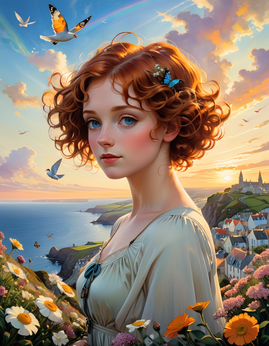 a photorealistic oil on canvas painting of a beautiful British Woman with short curly ginger hair, sightseeing a beautiful Cornwall City below from the top of a hill, ultrasharp and crisp image, with a seagull flying in the sky, some flowers in the foreground, a butterfly near the flowers, during sunset with warm colors, and a rainbow in the sky Alphonse Mucha Greg Rutkowski Studio Ghibli 