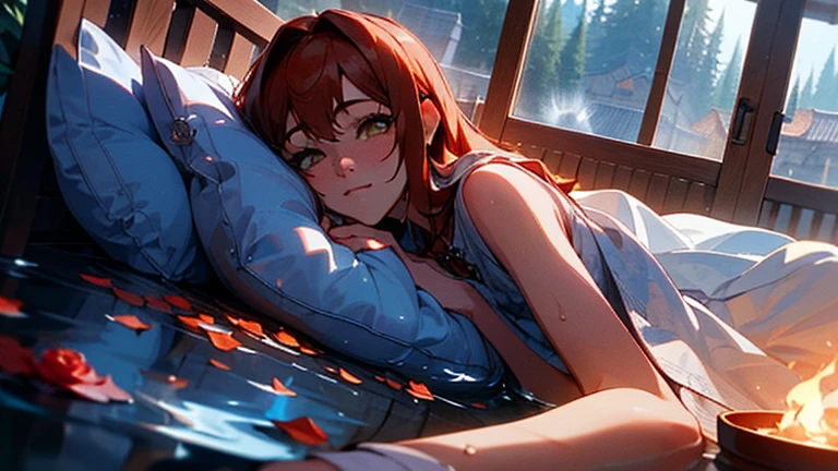 Top down shot in the bedroom women copper hair.Lie down with your face on a pillow.at the bed.foot ,holding rose fire.outside window people who play water in water festival is background ,ultra-realistic, ultra-detailed, long period of exposure.
