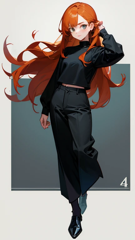 girl, long hair, ginger hair, black trousers, black shoes, black shirt, long sleeves, black armor