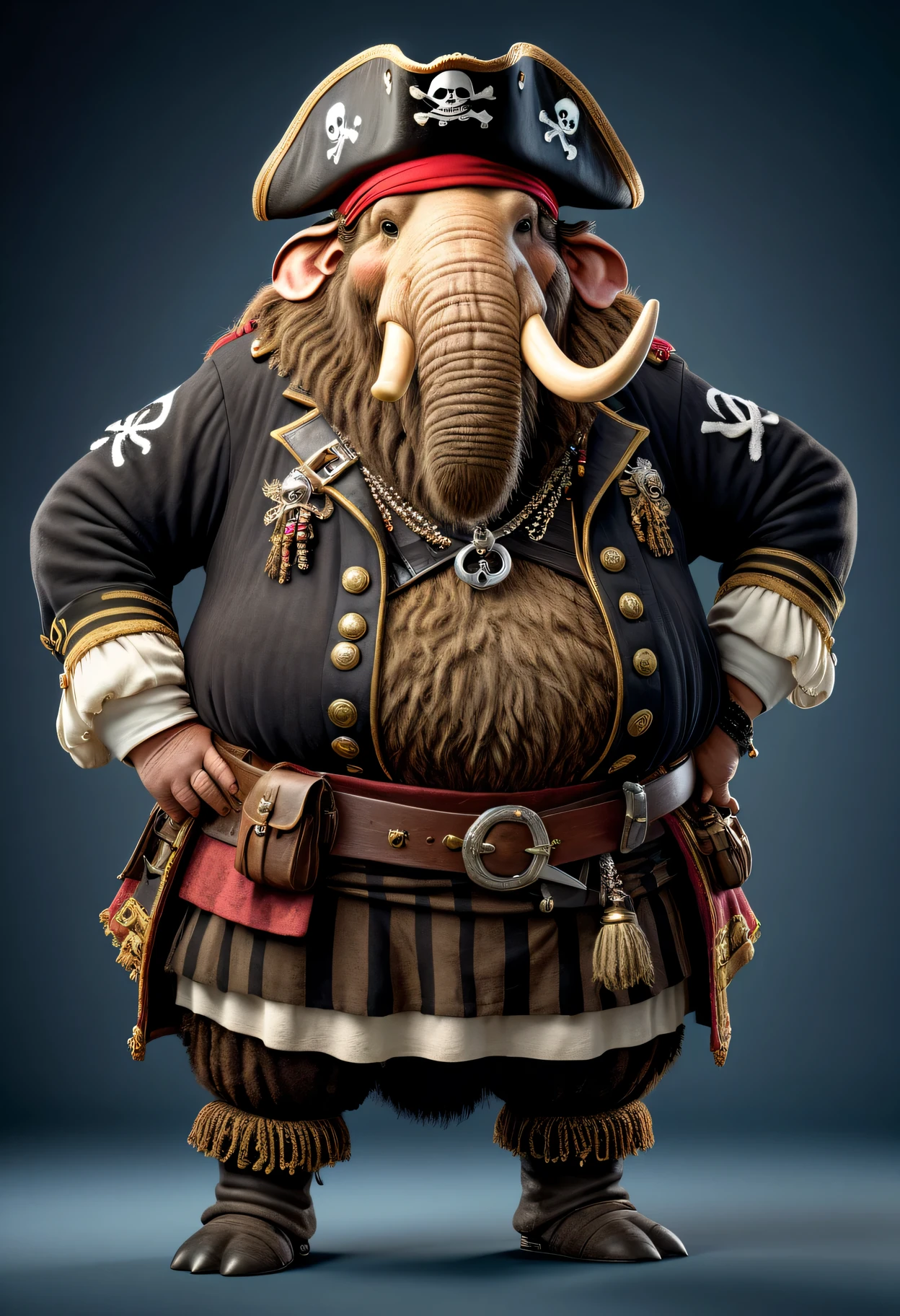 <lora:bmV8r:0.85> <lora:more_details:0.9> shading, 8k wallpaper, masterpiece, highest quality, detailed background, detailed face, detailed eyes,
hippopotamus, (overweight:1.0), (standing:1.0), (glare:1.0), (looking angry:1.0), pirate ship scenery, sky, green eyes, 5 fingers, thick hands, (thick thighs:1.0), nipples, belly, navel, (hairy:0.8),
(dirty clothes:1.0), (neck scarf:1.0), (pirate hat:1.0), (earring:1.0), (nipple piercing:1.0), (pirate pants:1.0), (pirate trenchcoat:1.4), (pirate shoes:1.0), belt, bracelet