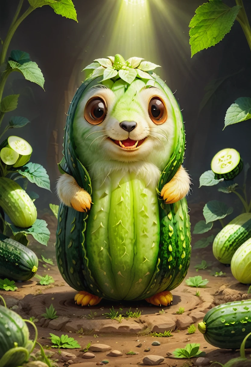 very cute appealing anthropomorphic Cucumber Gopher, looking at the viewer, macro, cinematic lighting, fantasy art, dynamic composition, epic realistic, award winning illustration Foodpets