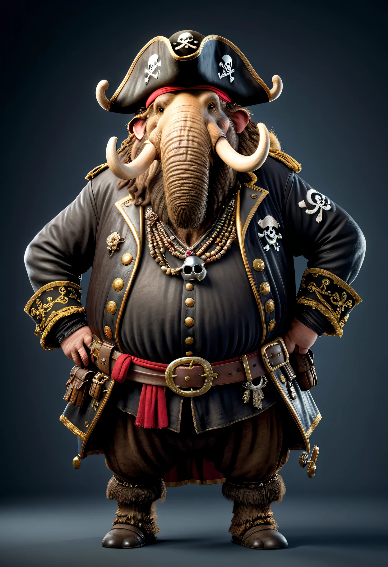 photorealistic portrait of Dressed animals - a ((fat)) mammoth pirate,(hands on hips:1.2),(), high quality,(lovely) ,intricate details, highly detailed (( pirate costume)), wearing pirate cap , highly detailed pirate equipment , (happy), studio lighting,(),(simple background)
