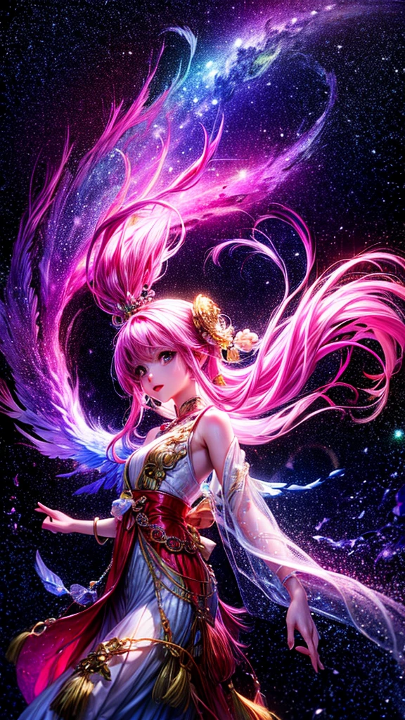 Describe the scene with the giant glowing cherry tree., starry sky,Colorful nebulae and your favorite constellations,background only,milky way