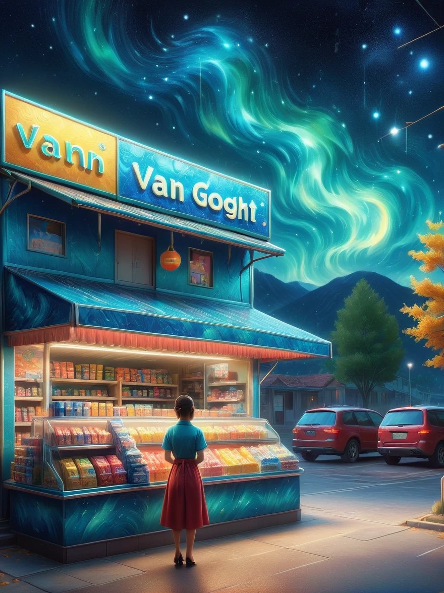 (masterpiece), best quality，(shiny)，(Inside a Van Gogh-style midnight convenience store:1.5), A cute and cheerful midnight convenience store， Dreamy convenience store, (Cute shop assistant is sorting goods:1.6)，(1 female clerk)，Cute cartoon design style, night，Sky，full moon，Vibrant colors，bright，1.4x more realism，ultra high definition，All shown in this beautiful scene，The content is very detailed，Reasonable design，clear lines，high definition，masterpiece，official art，Movie lighting effects，8K