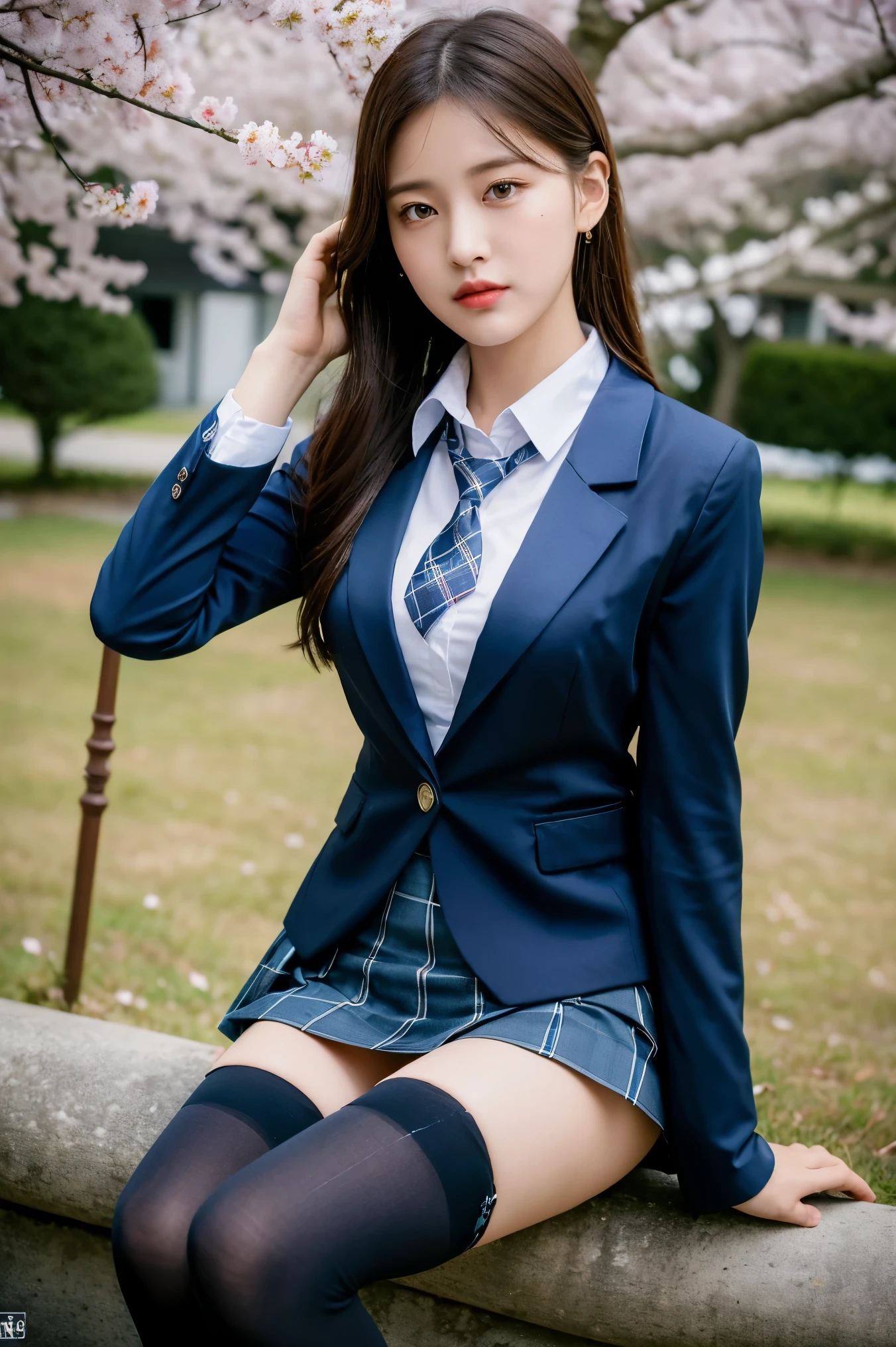 (8K), (highest quality: 1.2), (realistic), (realistic: 1.37), ultra high resolution, 1 girl, cute, angry face, closed mouth, beautiful details, beautiful nose,beautiful hair,ponytail,thighs,university uniform,A simple dark blue satin blazer,Satin White Blouse,A bow tie,pleated skirt,School,Cherry blossom trees in full bloom,(The pattern of the skirt and tie is a dark blue tartan check pattern..:1.3),(The plaid pattern on the skirt is a little small..:1.2),(opaque black thigh high socks:1.4) ,thighsにクローズアップ,look away,