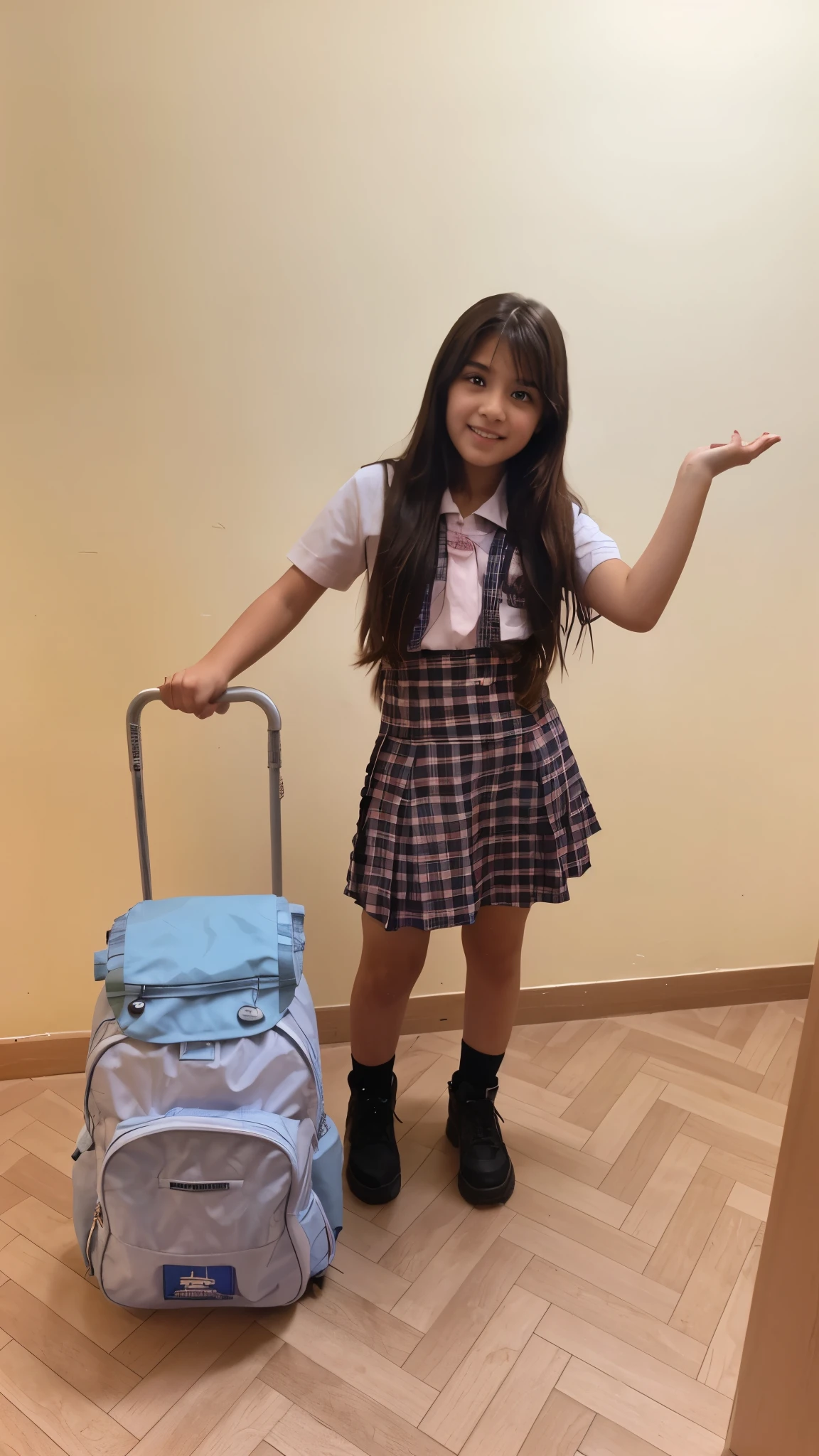 8 year old student girl, con su uniforme del colegio y su mochila dentro de una biblioteca