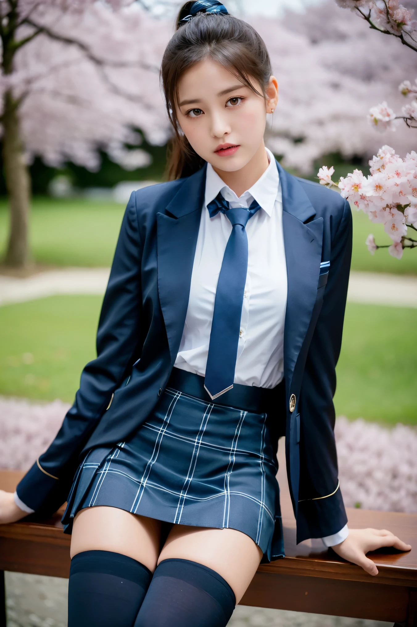 (8K), (highest quality: 1.2), (realistic), (realistic: 1.37), ultra high resolution, 1 girl, cute, angry face, closed mouth, beautiful details, beautiful nose,beautiful hair,ponytail,thighs,university uniform,A simple dark blue satin blazer,Satin White Blouse,A bow tie,pleated skirt,School,Cherry blossom trees in full bloom,(The pattern of the skirt and tie is a dark blue tartan check pattern..:1.3),(The plaid pattern on the skirt is a little small..:1.2),(opaque black thigh high socks:1.4) ,thighsにクローズアップ,look away,