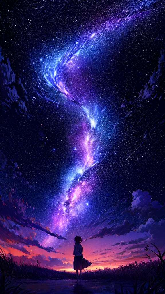 Describe the scene with the giant glowing cherry tree., starry sky,Colorful nebulae and your favorite constellations,There are no people,background only,milky way