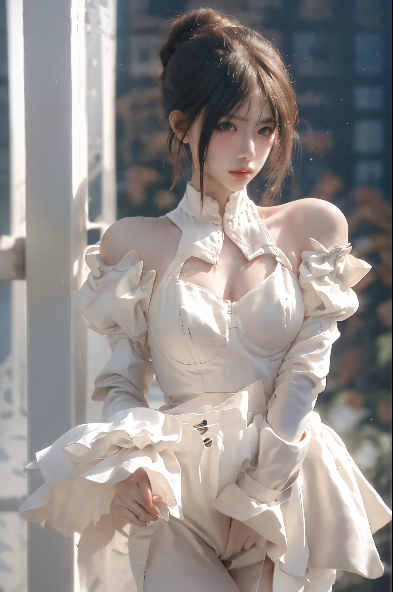 Beautiful woman with perfect body:1.4,layered hairstyle,Prominent cleavage:1.6,short shorts,Highly detailed facial and skin textures,double eyelids,whiten skin,long hair,Whitened long legs