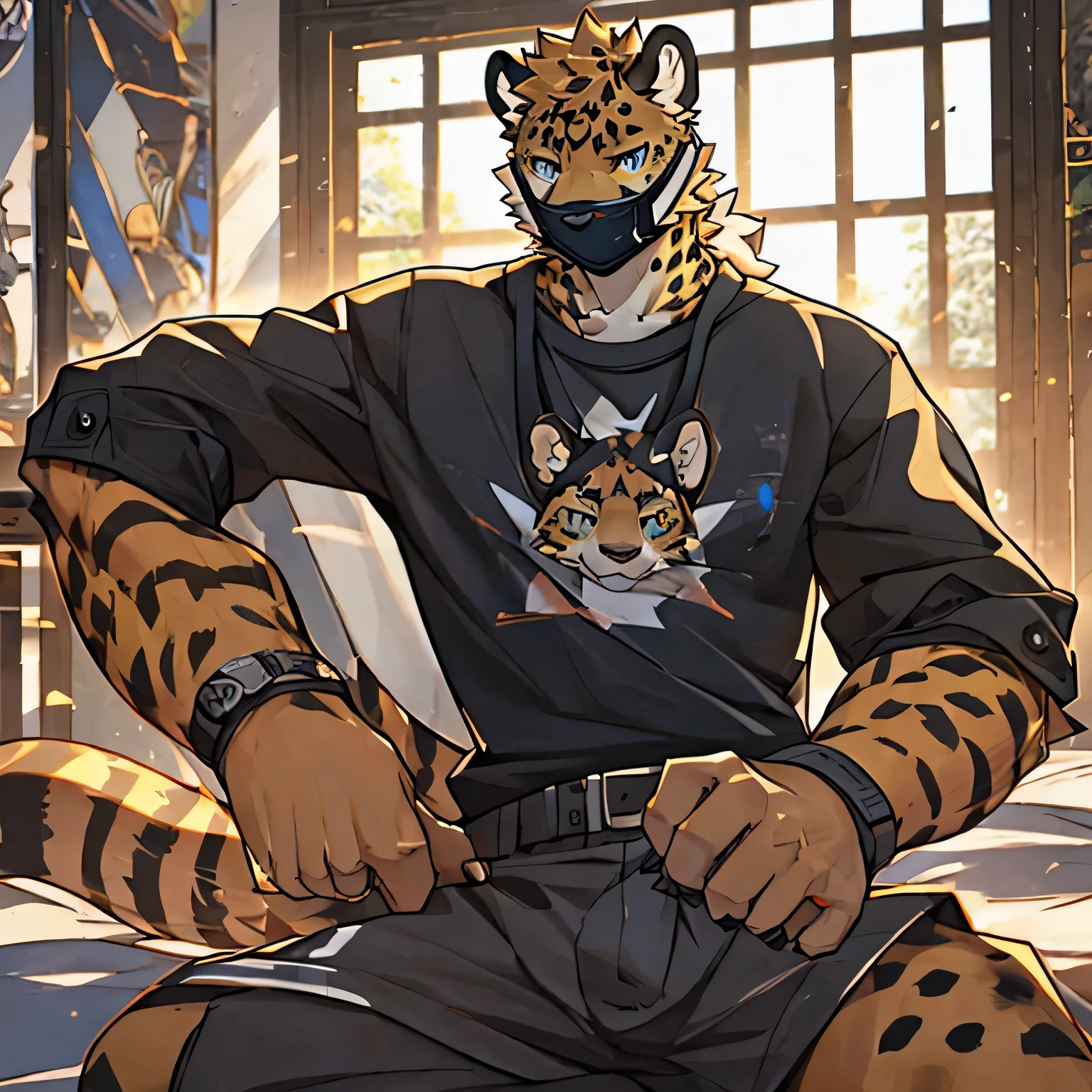 Cheetah,furry,anthro,male,(solo:1.3), juvenile, Cheetah ears,golden fur,casual clothing,wearing face mask,((face mask)),perfect anatomy,Clear Detail,best quality,masterpiece,clear eyes, detailed background,bedroom, live streaming,  looking at viewer, (detailed eyes,bright pupils),