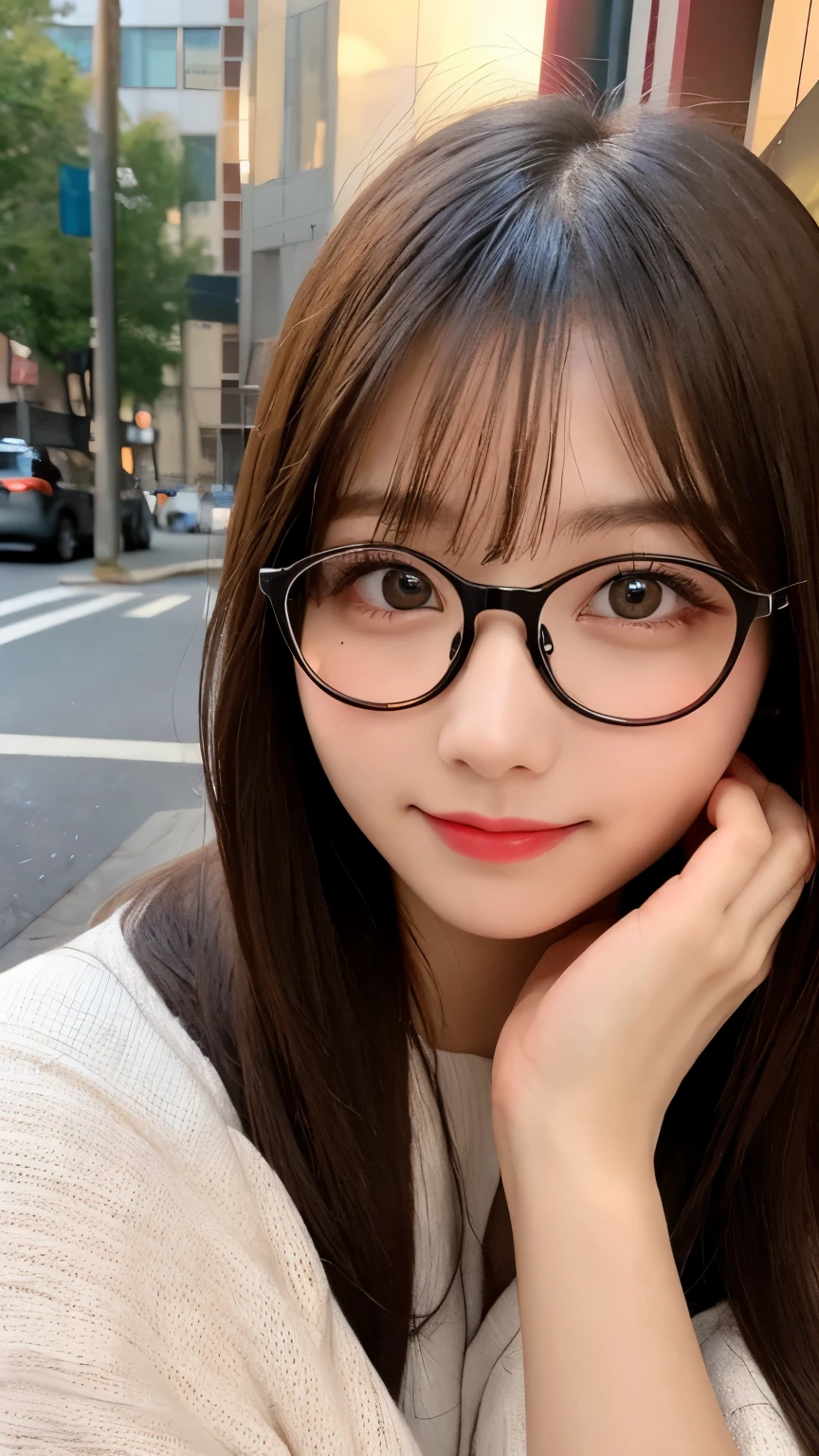 table top, highest quality, shape, Super detailed, finely, High resolution, 8k wallpaper, 完璧なダイナミックな構shape, beautiful and detailed eyes, medium hair, small breasts, natural color lip, random sexy pose,smile,big city、20 year old girl、midnight、Beautiful and dense face、perfect and beautiful face,Big eyes、beautiful and detailed face、(glasses)、blur the background、Latest Trends in Luxury Winter Dresses(black、setting)